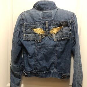 Embellished custom denim jacket rebel distressed styling size Med